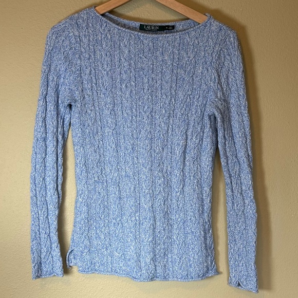 Lauren Ralph Lauren Blue Cable Knit Boatneck Long Sleeve Sweater Medium - Picture 2 of 6